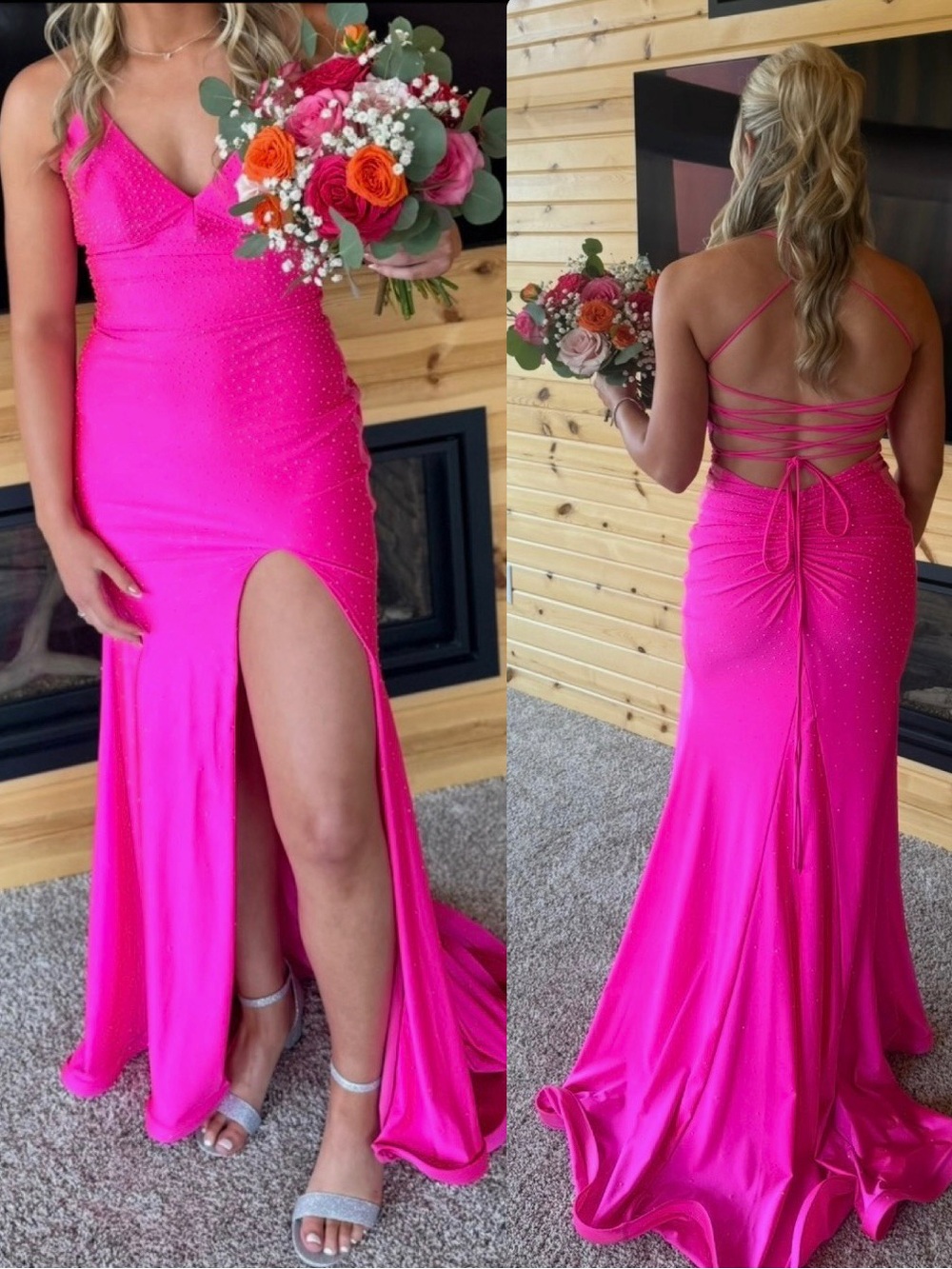 Clarisse Hot Pink Beaded Spaghetti Strap Prom Gown